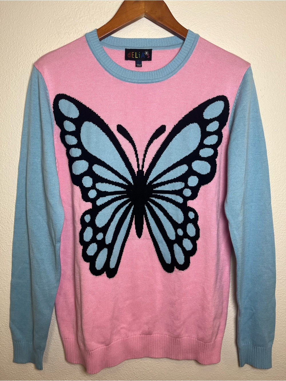 dELiA*s Pink & Light Blue Butterfly Intarsia Crewneck Sweater